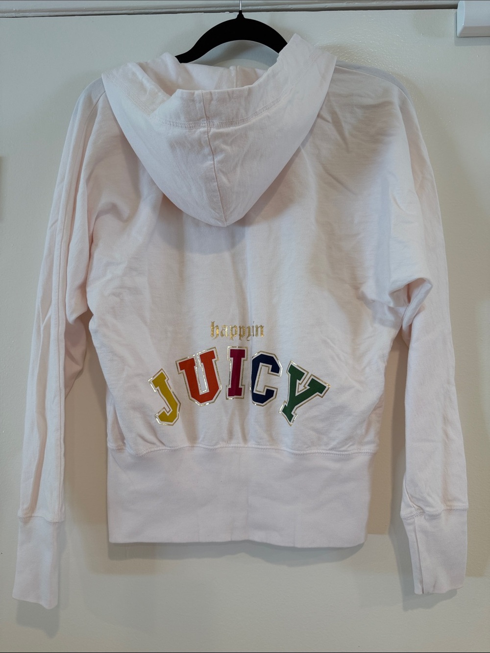 Juicy Couture Y2K Era White Zip Jacket with Multicolor 'happy in JUICY' Design